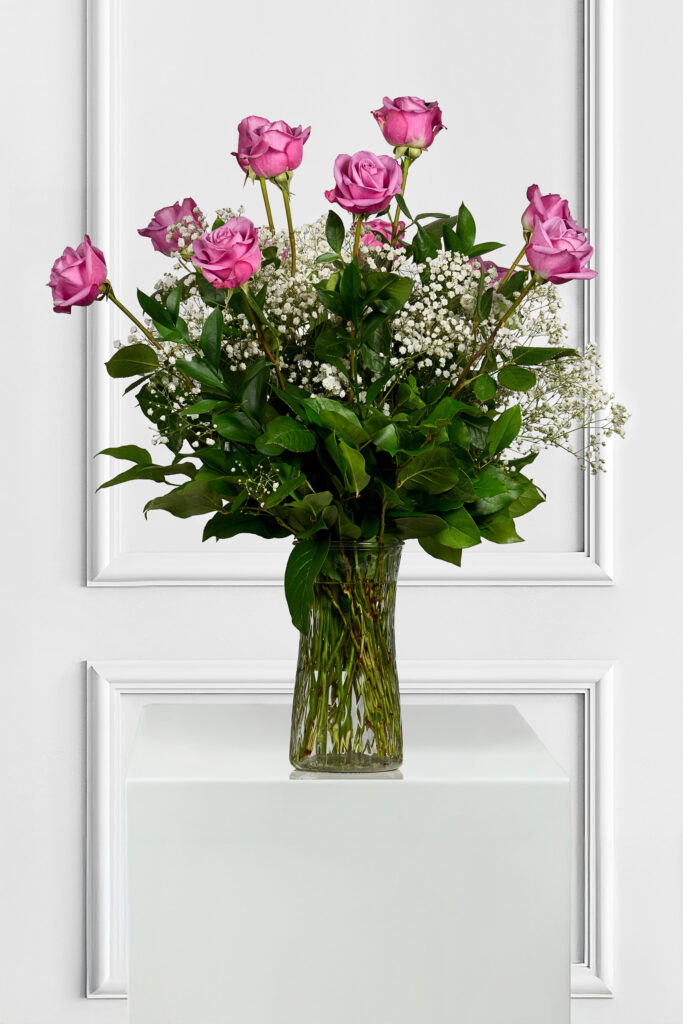 Dozen Lavender Roses with Baby's Breath: Elegant Bouquet for Love