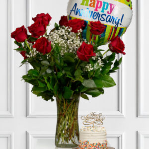 Happy Anniversary Bundle-Cake, Roses and Balloons