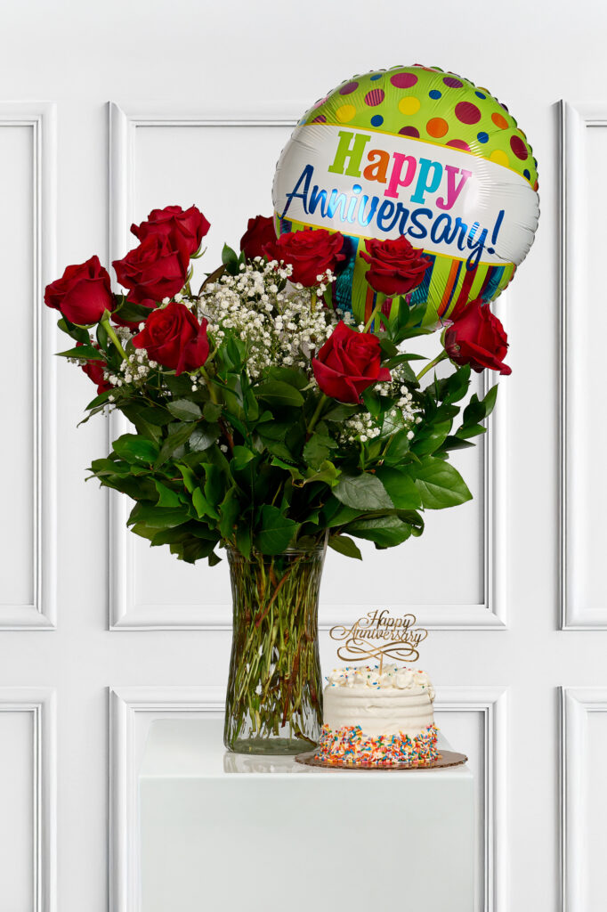 Happy Anniversary Bundle-Cake, Roses and Balloons
